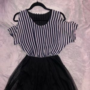 Cold shoulder stripe dress with mesh